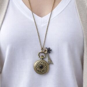 Vintage Pocket Watch Necklace Eiffel Tower Charm Long Chain